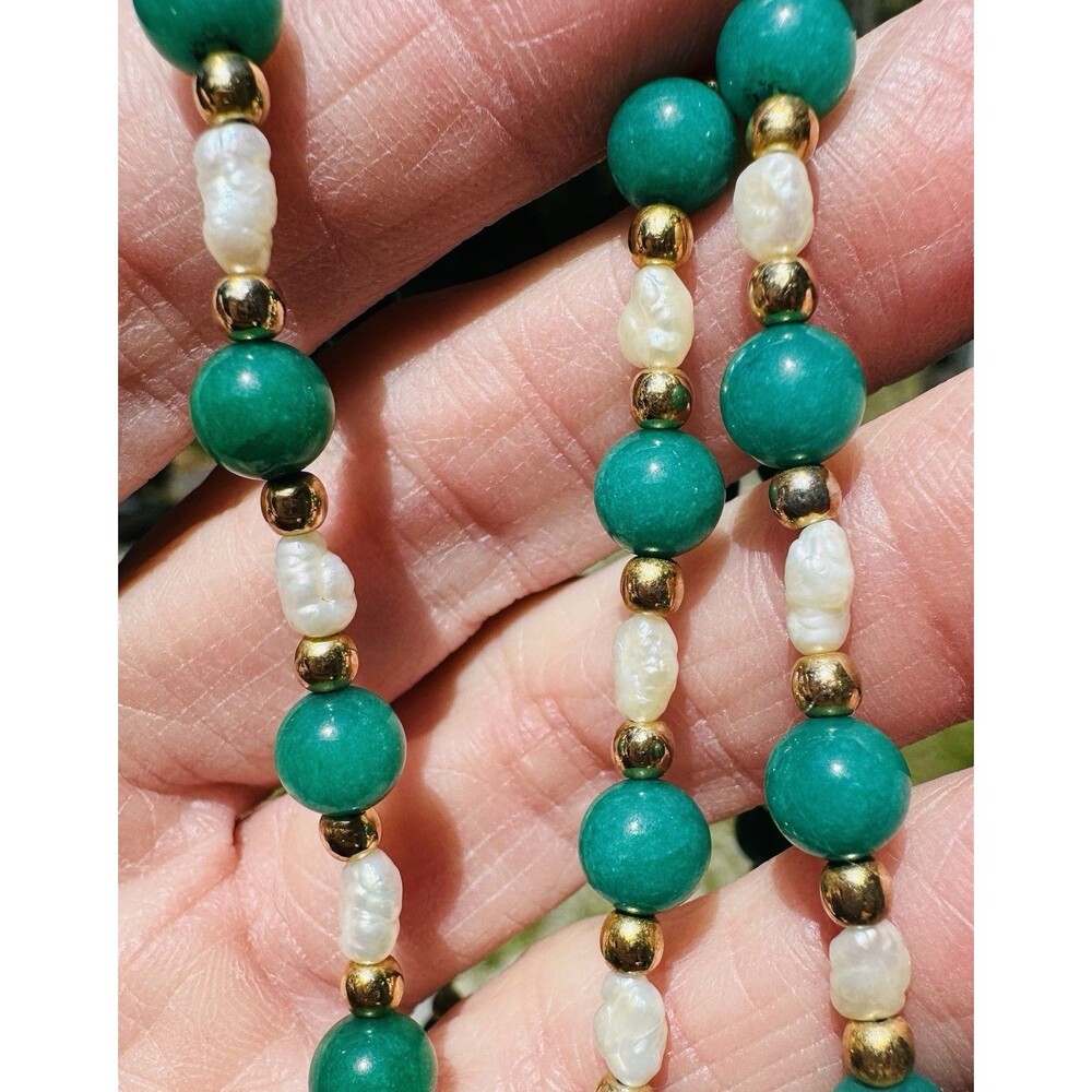 Vintage Jadeite Green Bead and Baroque Pearl Necklace 32 Inch Opera Length